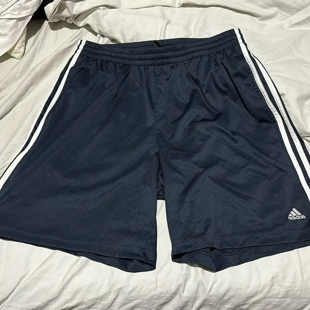 Adidas L navy white elastic waist drawstring gym shorts